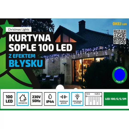 Kurtyna sople LED100 ef. błysku 7,2W niebieska 5m