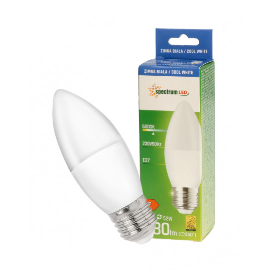 Żarówka LED E27 świecowa 8W zimna barwa CW WOJ+14224_8W SPECTRUM LED