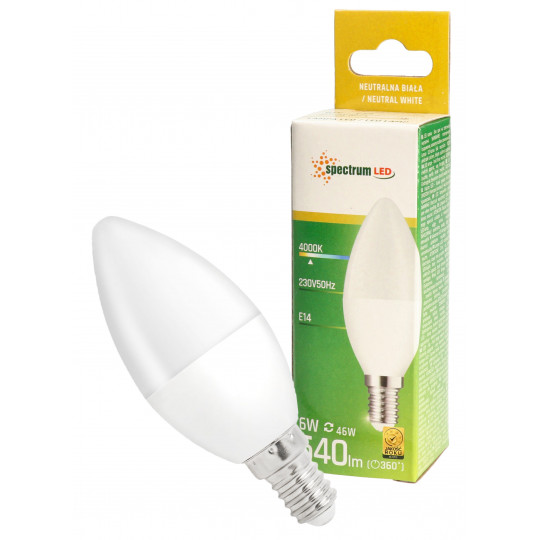 Żarówka LED świecowa E14 6W barwa neutralna WOJ+13758 SPECTRUM