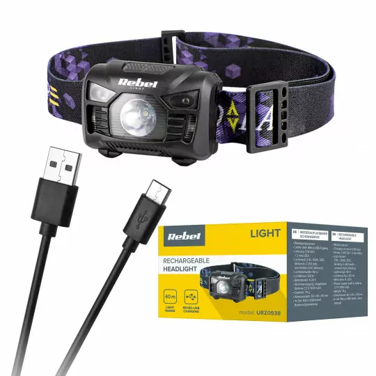 Latarka czołowa LED 3W akumulatorowa USB URZ0938 REBEL