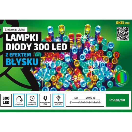 Lampki choinkowe LT-300/5M multikolor + flash zewnętrzne transformator OKEJ LUX