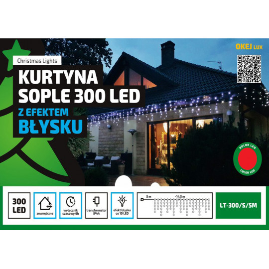 Kurtyna sople LED LT-300/S/5M czerwone + flash + timer zewnętrzne 14,5m OKEJ LUX