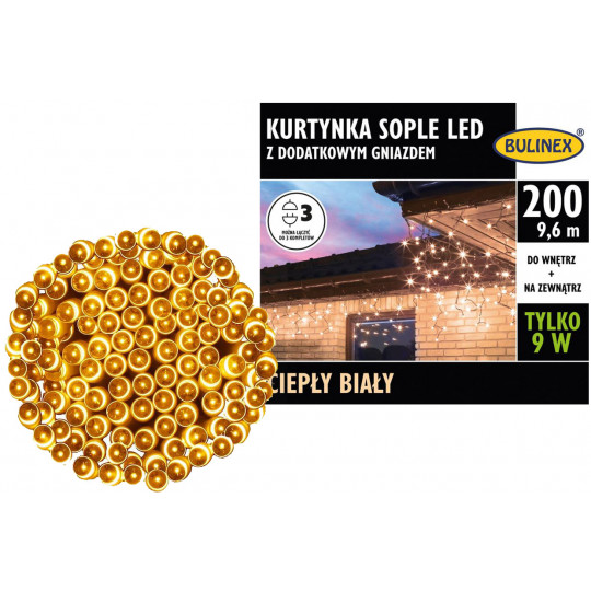 Lampki oświetlenie kurtyna sople 200 LED zewnętrzne barwa ciepła IP44 9,6m 13-578 BULINEX