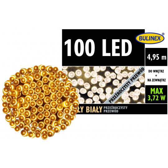 Lampki choinkowe zewnętrzne 100 LED barwa ciepła przeźroczysty przewód IP44 4,95m 13-117 BULINEX