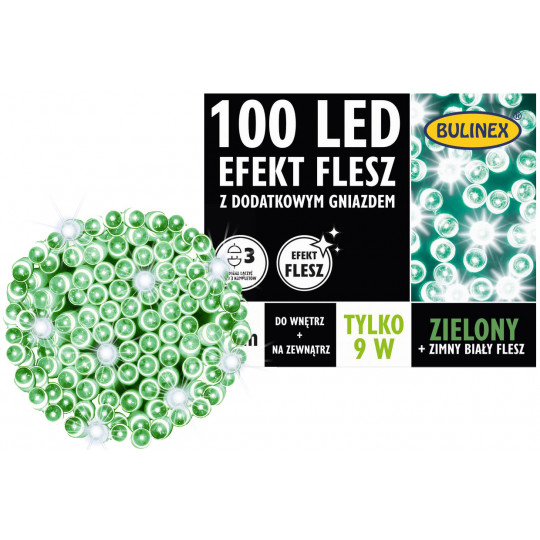 Lampki choinkowe zewnętrzne łańcuch 100 LED barwa zielona + flash IP44 9,9m 13-137 BULINEX