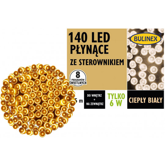Lampki choinkowe zewnętrzne 140 LED płynące 8 funkcji barwa ciepła IP44 6,95m 13-148 BULINEX