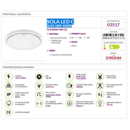 Lampa plafon LED Sola Slim C 18W 4000K 03517 Struhm