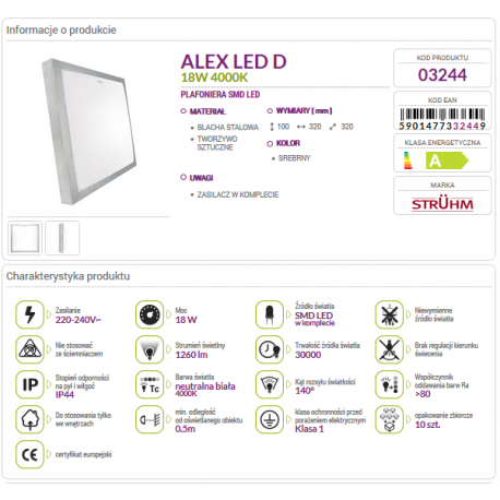 Lampa plafon ALEX LED 18W 4000K alu.silver/white