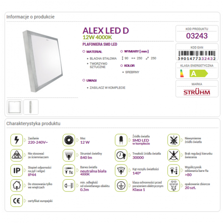 Lampa plafon ALEX LED 12W 4000K alu.silver/white