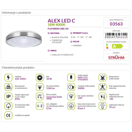 Lampa plafon ALEX LED C 18W 4000K 03563 Struhm
