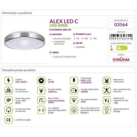 Lampa plafon ALEX LED C 24W 4000K 03564 Struhm