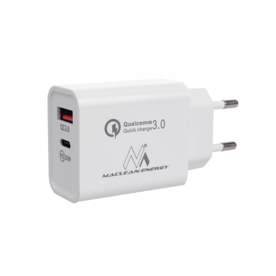 Ładowarka sieciowa biała 20W QC 3.0 USB / USB-C MCE485W MACLEAN