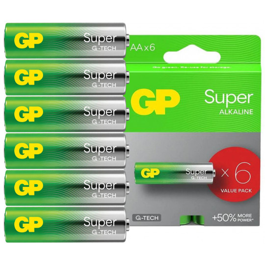 GP Super 1.5V AA LR6 battery pack of 6 4+2 Extra GP batteries