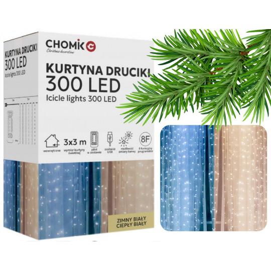 Lampki kurtyna świetlna druciki 300LED ciepła barwa WW + zimna barwa CW 3x3m UBS + pilot wewnętrzne LED0016 CHOMIK