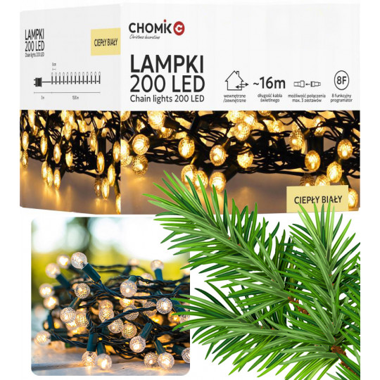 Lampki oświetlenie choinkowe CHERRY BALL 200LED ciepła barwa 16m zewnętrzne LED9966 CHOMIK