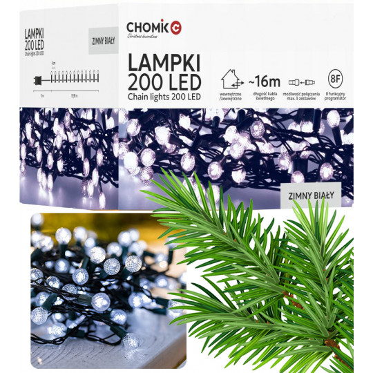 Lampki oświetlenie choinkowe CHERRY BALL 200LED zimna barwa 16m zewnętrzne LED9973 CHOMIK