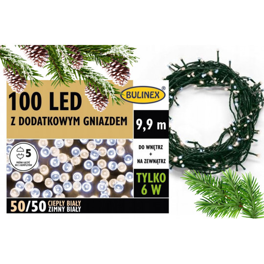 Lampki choinkowe 50 LED ciepła barwa + 50 LED zimna barwa 100 LED 9,9m + dodatkowe gniazdo zewnętrzne 13-105 BULINEX