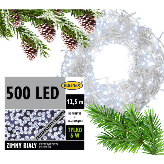 Lampki choinkowe 500 LED zimna barwa przeźroczysty przewód 12,5m zewnętrzne 13-454 BULINEX