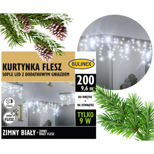 Lampki kurtyna sople 200 LED + FLASH zimna barwa dodatkowe gniazdo 9,6m 13-582 zewnętrzne BULINEX