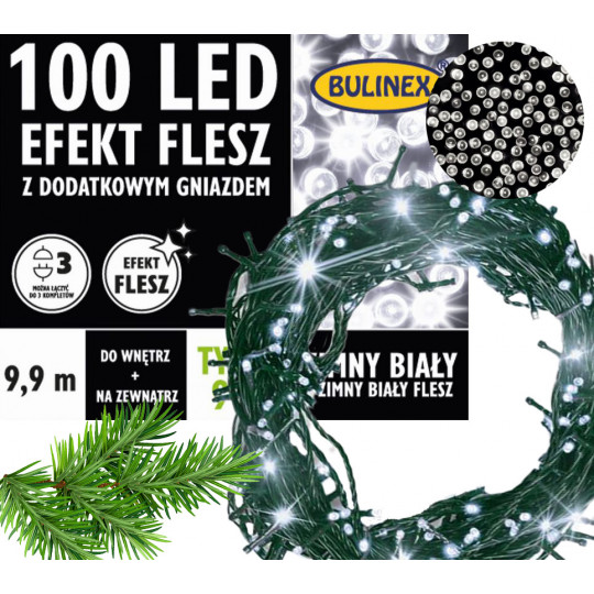 Lampki choinkowe zimna barwa + FLASH dodatkowe gniazdo 100LED 10m zewnętrzne 13-132 BULINEX