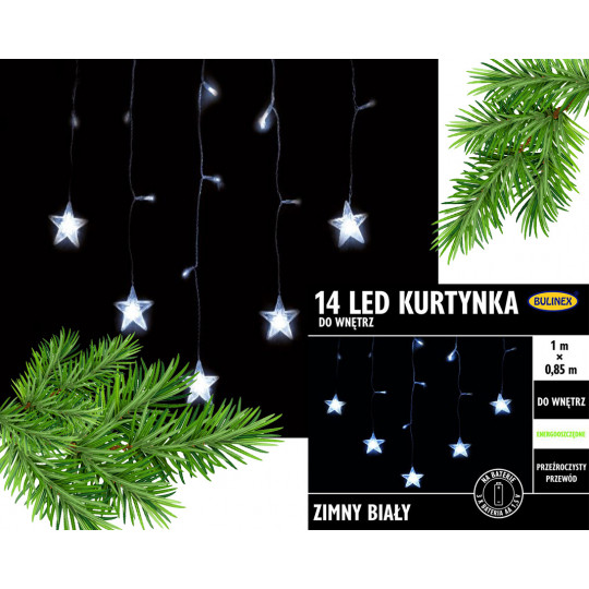 Lampki KURTYNKA 14LED na baterie 3xAA 1 metr 10-602 zimna barwa wewnętrzne BULINEX