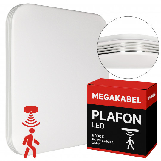 Lampa sufitowa plafon LED ADISON 36W kwadrat zimna barwa + CZUJNIK RUCHU MEGAKABEL