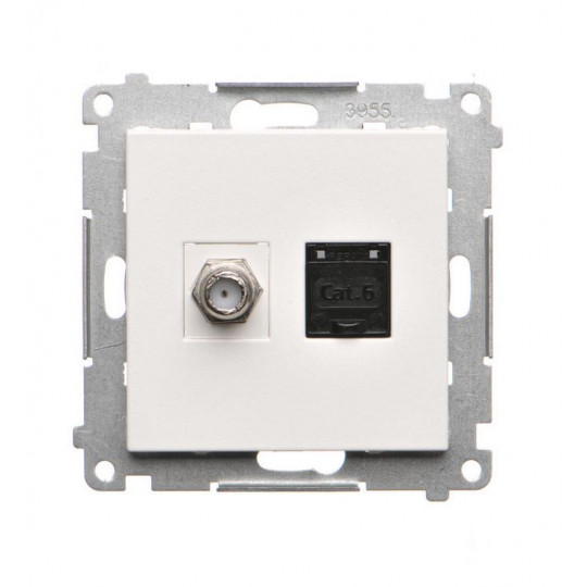 Simon55 Gniazdo antenowe typu „F” + komputerowe RJ45 kat.6 TASFRJ45.01/111 biały mat