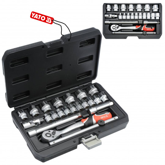 Zestaw kluczy 3/8" 22 elementy nasadki, przedłużki, przegub, pokrętło typu T, grzechotka YT-38561 YATO