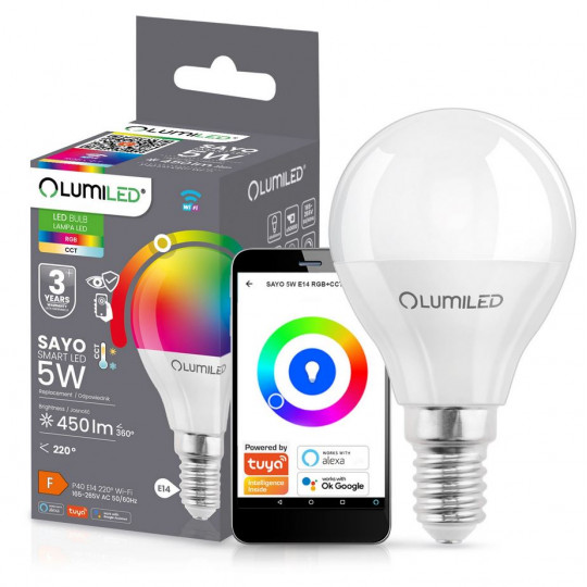 Żarówka LED E14 P40 KULKA 5W 450lm RGB CCT ściemnialna inteligentna TUYA WiFi SMART SAYO LUMILED