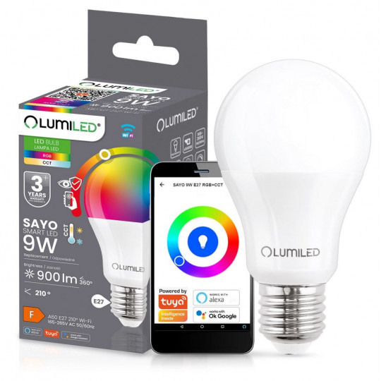 Żarówka LED E27 A60 9W 900lm RGB CCT ściemnialna inteligentna TUYA WiFi SMART SAYO LUMILED