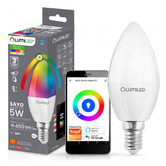 Żarówka LED E14 B35 ŚWIECZKA 5W 450lm RGB ściemnialna CCT inteligentna TUYA WiFi SMART SAYO LUMILED