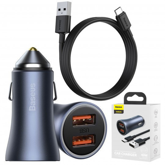 Ładowarka samochodowa do gniazda zapalniczki 2xUSB 40W + kabel USB - Type-C 1m TZCCJD-A0G BASEUS