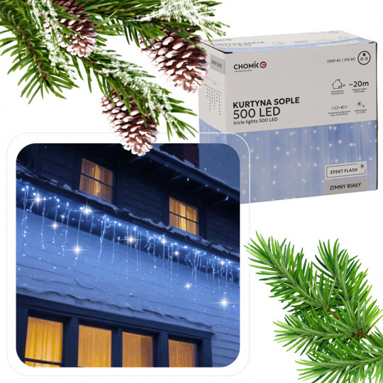 Lampki oświetlenie świąteczne KURTYNA SOPLE 500 LED zimna barwa + zimny FLASH 20m IP44 LED9898 CHOMIK