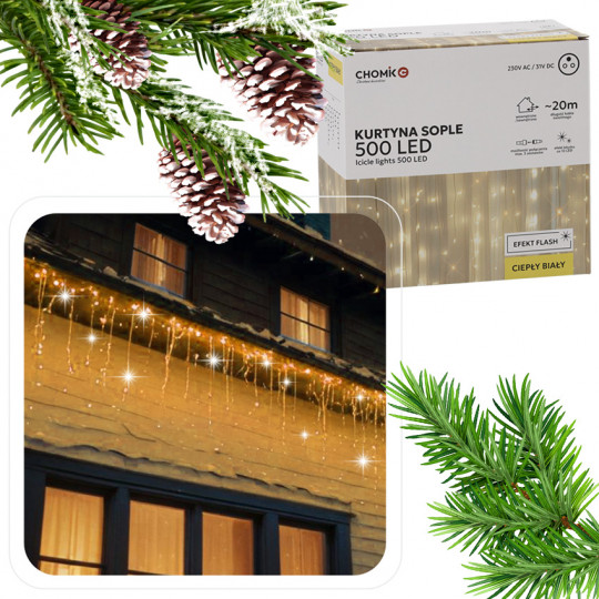 Lampki oświetlenie świąteczne KURTYNA SOPLE 500 LED ciepła barwa + zimny FLASH 20m IP44 LED9881 CHOMIK