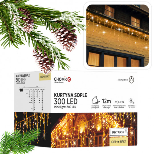 Lampki świąteczne zewnętrzne KURTYNA SOPLE 300LED ciepła barwa + zimny FLASH 12m LED9843 CHOMIK