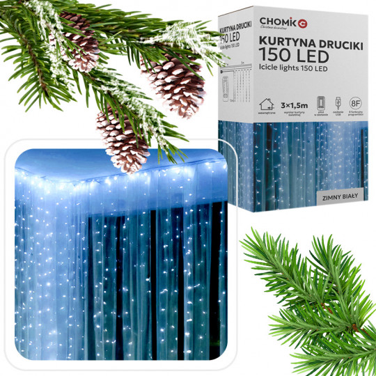 Lampki świąteczne kurtyna świetlna druciki no okno ściankę 150 LED zimna barwa CW 3x1,5m USB + pilot IP44 LED8493 CHOMIK