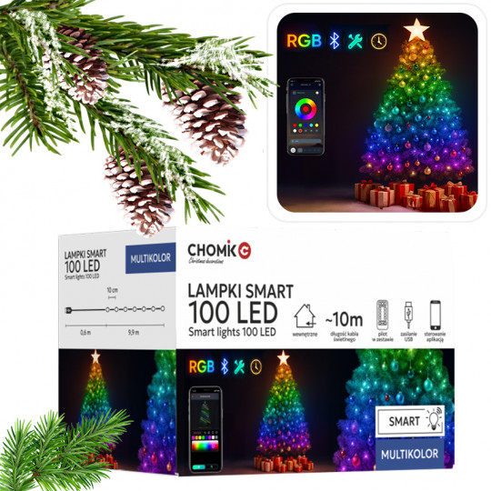 LAMPKI oświetlenie choinkowe światełka łańcuch SMART LED100 MULTIKOLOR USB + pilot 10m LED8233 CHOMIK