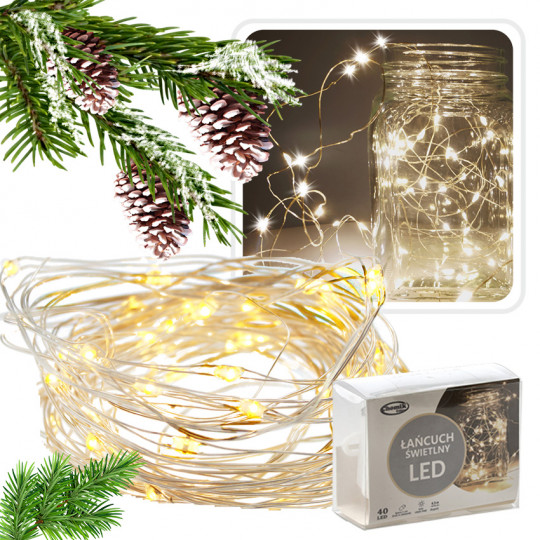 Lampki świąteczne choinkowe na druciku na baterie ŁAŃCUCH 40 LED ciepła barwa WW na baterie 3xAA 4,3m LED2643 CHOMIK