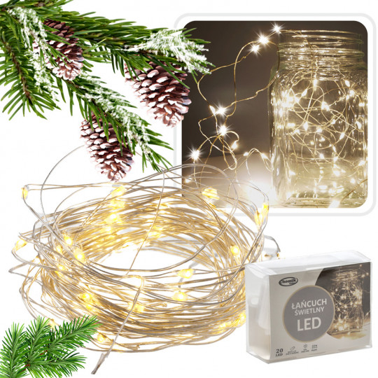 Lampki świąteczne choinkowe na druciku na baterie ŁAŃCUCH 20 LED ciepła barwa WW na baterie 2xAA 2,3m LED2636 CHOMIK