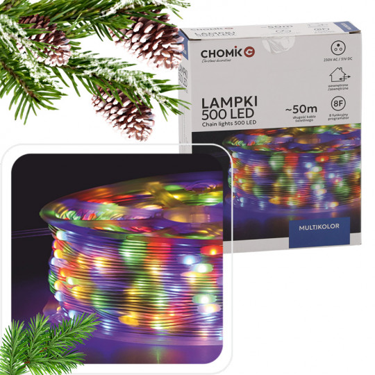 Lampki oświetlenie świąteczne na choinkę 500 LED MICRO NA SZPULI MULTIKOLOR 50m LED0139 CHOMIK