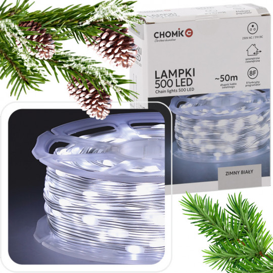 Lampki świąteczne choinkowe LED MICRO na szpuli 500LED zimna barwa CW 50m IP44 LED0122 CHOMIK