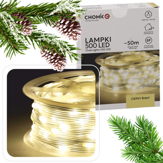 Lampki świąteczne choinkowe LED MICRO na szpuli 500LED ciepła barwa WW 50m IP44 LED0115 CHOMIK