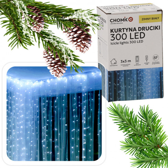 Lampki kurtyna świetlna druciki na okno dekoracja 300LED zimna barwa 3x3m USB + pilot LED0009 CHOMIK