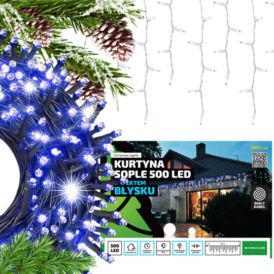 Lampki oświetlenie świąteczne kurtyna sople niebieska barwa + flash 500 LED biały przewód 24,5m + 5m IP44 BK/LT500/S/G/5M OKEJ