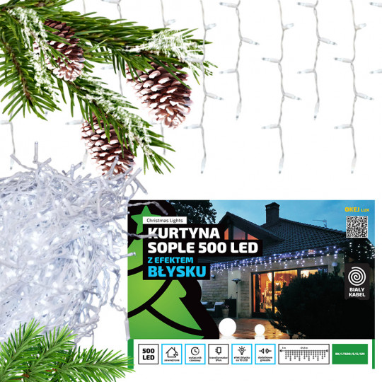 Lampki oświetlenie świąteczne kurtyna sople zimna barwa + flash 500 LED biały przewód 24,5m+5m IP44 BK/LT500/S/G/5M OKEJ