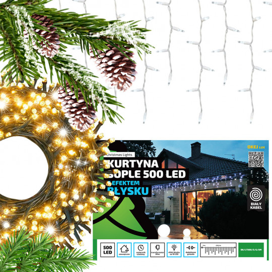 Lampki oświetlenie świąteczne kurtyna sople ciepła barwa + flash 500 LED biały przewód 24,5m+5m IP44 BK/LT500/S/G/5M OKEJ