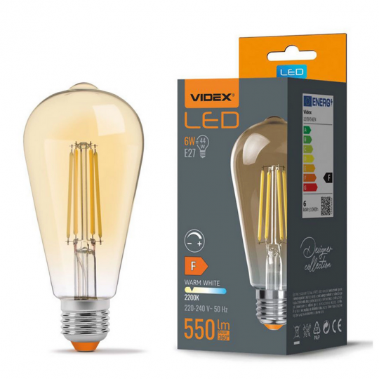 Żarówka LED E27 ST64 EDISON FILAMENT bursztynowa ściemnialna 6W ciepła barwa 360° VIDLED1110 VIDEX