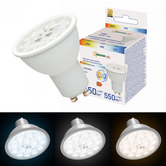 Żarówka LED CCT z soczewką GU10 6W 38° zmiana barw CW NW WW WOJ+14703 SPECTRUM LED