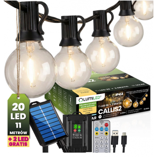 Girlanda Solarna Ogrodowa 20x LED Ozdobne Kuleczki 10,55m 2700K Ciepła + Pilot