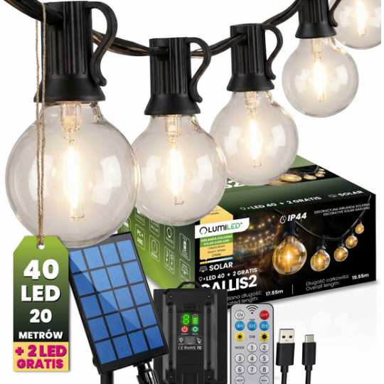 Girlanda Solarna Ogrodowa 40x LED CALLIS 2 Ozdobne Kuleczki 19,55m 2700K Ciepła + Pilot
